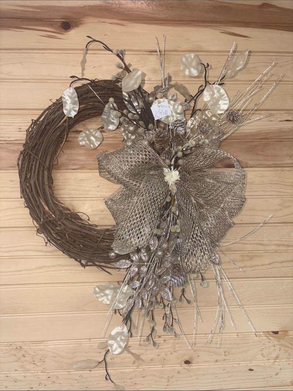 okie dokie Cream and Gold Mesh Grapevine Wreath